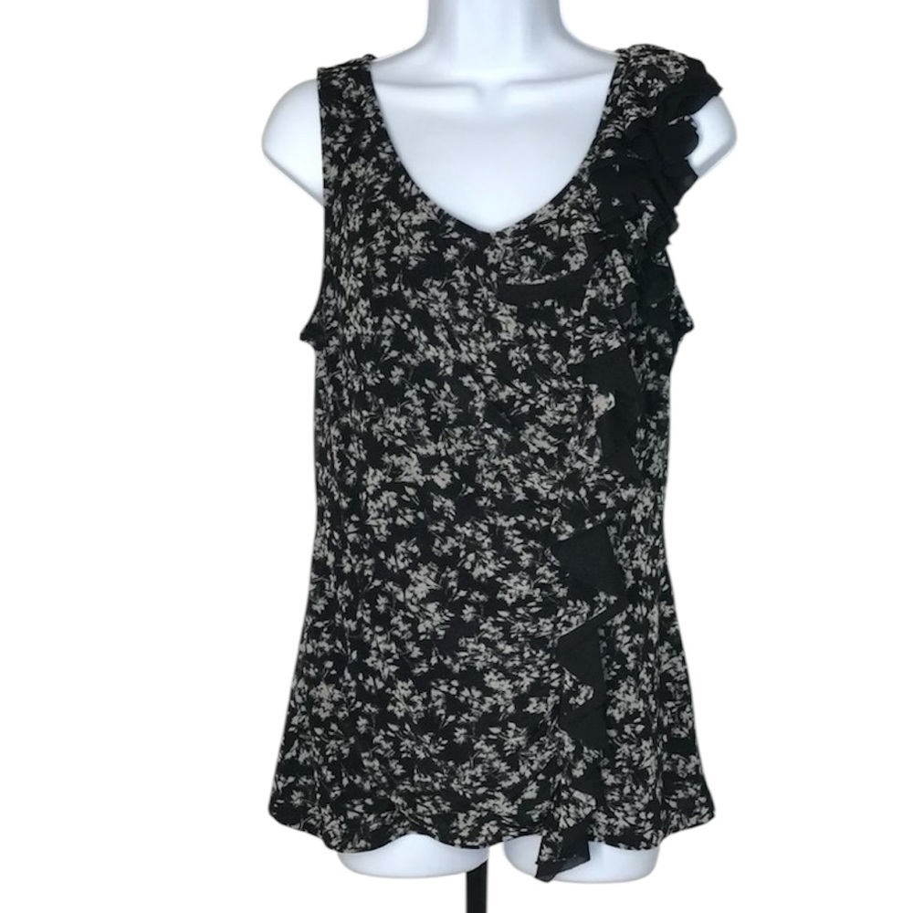 Elle Sleeveless Scoop V-Neck Blouse Ruffle Detail | Black w/ Floral | Medium